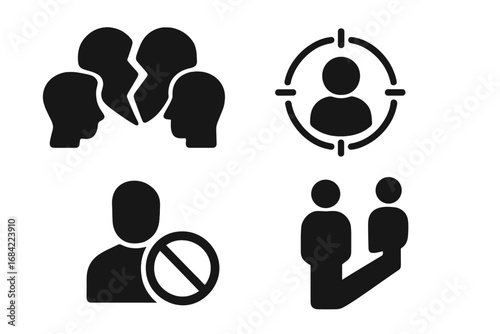 Misinformation Impact Icons Set, Solid Filled Vector Illustrations of Broken Trust, Targeted Individual, Exclusion Symbol, Social Influence, Consequences of False Information