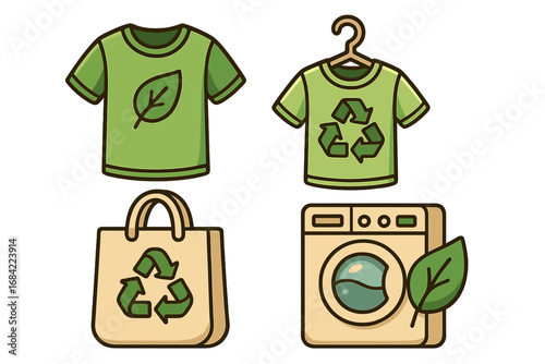 Eco friendly clothing icon set. Sustainable fashion concept with organic t-shirt, recycle symbol, reusable tote bag and green laundry. Vector cartoon illustration collection.