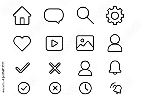 Social media interface icon set. Collection of thin line symbols for app development. User profile, like, message, search, home, and notification vector icons. Editable stroke.