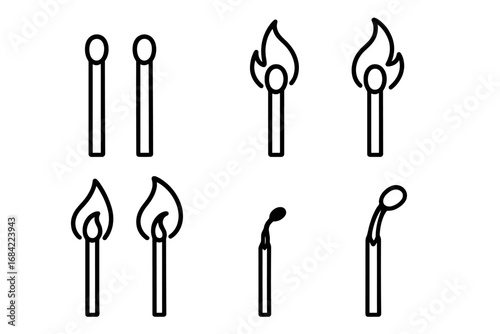 Matchstick burning sequence vector icon set. Fire ignition process from new to burnt out. Outline illustration of a match's life cycle, flame, and smoke. Graphic design element.