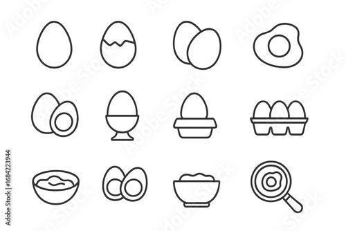 Egg line icon set. Vector symbols for cooking & breakfast food. Minimalist outline collection with fried, boiled, scrambled eggs, carton, pan, yolk. Editable stroke for nutrition concepts.