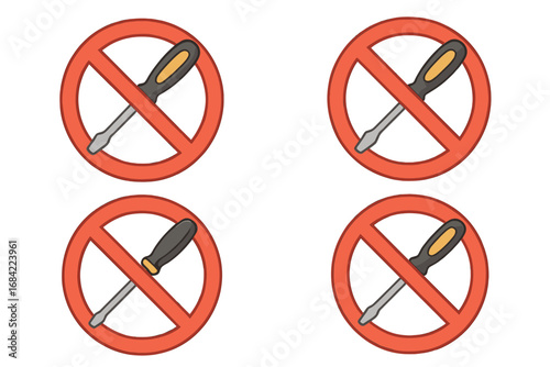 No screwdriver sign set. Do not open or tamper vector icon. Forbidden repair and disassembly. Prohibition symbol. No tools allowed warning pictogram for user manual, warranty.