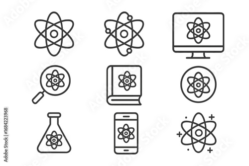 Science and research line icons set. Atom, physics, chemistry, education concepts. Molecule, flask, book, computer symbols. Vector icons for web and apps with editable stroke.