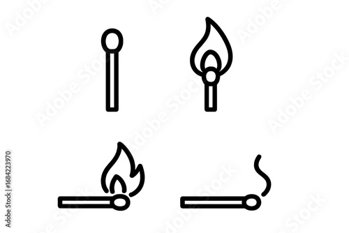 Matchstick life cycle icon set. Vector outline illustration of a new, burning, and burnt match. Concepts of fire, flame, ignition, energy, process, and sequence for design.