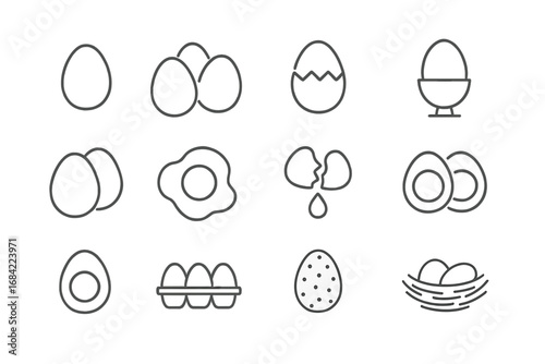 Egg thin line icon set. Food collection with fried, boiled, broken eggs, nest, and carton. Minimalist outline vector illustration for cooking, breakfast, and Easter.