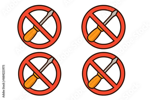 No screwdriver sign vector set. Forbidden repair or maintenance symbol. Do not fix or assemble icon collection. Warning pictogram for no tools allowed area. Prohibited construction concept.