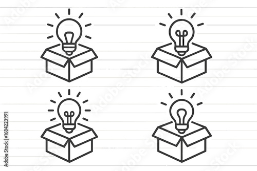 Think outside the box concept icons. Light bulb from open carton. Metaphor for creativity, innovation, new idea, startup, solution, inspiration, brainstorming. Vector line art set.