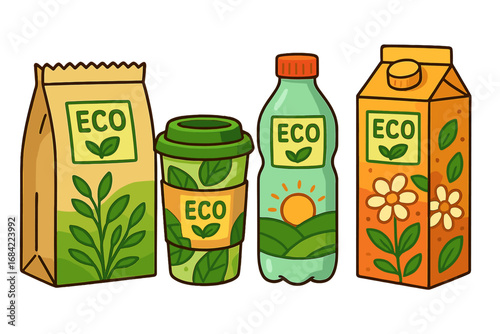 Eco friendly packaging vector set. Sustainable containers concept with paper bag, reusable coffee cup, bottle, juice carton. Organic, green, bio, natural products.