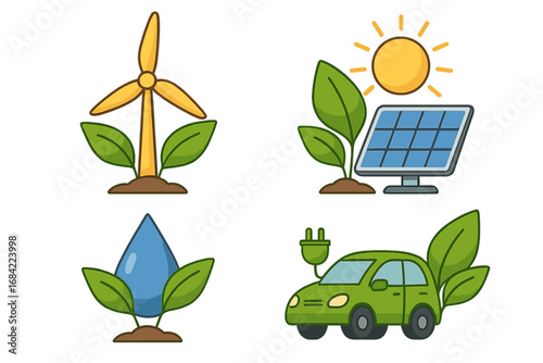 Renewable energy vector icon set with wind turbine, solar panel, water, and electric car. Green power, sustainability, and ecology concepts. Cartoon illustration.