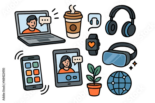 Digital tools for remote work and modern lifestyle. Vector cartoon icons set. Video conference, online meeting, freelance. Laptop, phone, vr headset. Global network concept.