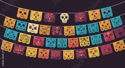 A vibrant flat design illustration displays an array of traditional Papel Picado banners, adorned with intricate cut-out designs. This festive artwork beautifully represents the celebratory decoration