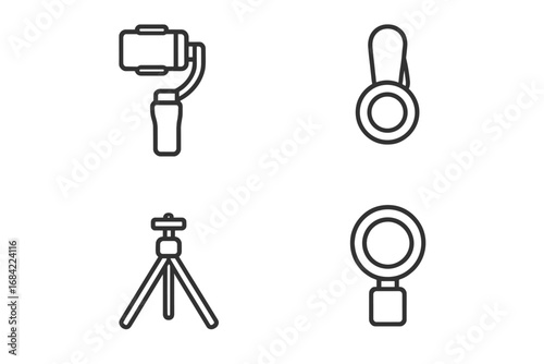 Mobile Photography Gadgets Outline Icon Set Including Smartphone Gimbal, Clip-On Lens, Mini Tripod, Ring Light Vector Illustration, Creative Mobile Camera Accessories Design