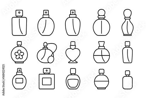 Perfume line icons set. Fragrance bottle collection. Minimal outline vector pictogram for beauty, cosmetic, and fashion design. Simple linear spray bottle and atomizer symbols.