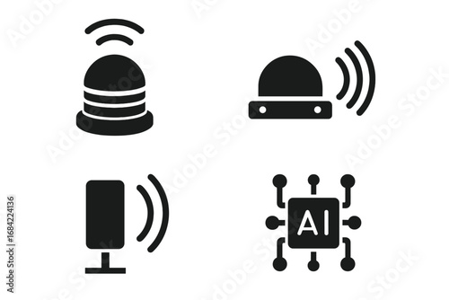 Solid icon set of robot sensors and technology. Includes lidar, infrared, proximity sensor, and AI chip. Vector graphic glyphs for automation, robotics, and smart systems.