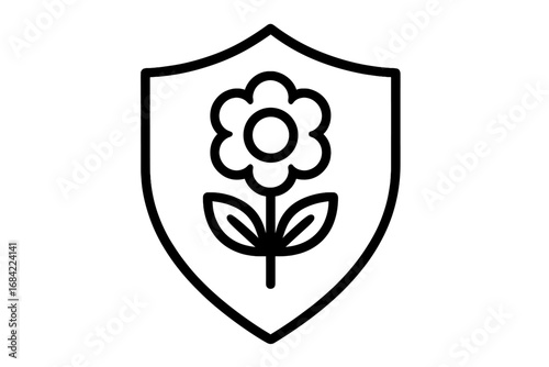 Flower shield icon. Nature protection concept. Environmental safety. Eco friendly symbol. Organic product guarantee. Secure growth logo. Plant defense emblem. Linear vector.