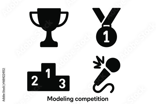Modeling Competition Icons Set of 4, Solid Filled Trophy, Gold Medal with Number One, Winners Podium 1-2-3, Microphone with Flash, Vector Illustration for Contests and Awards