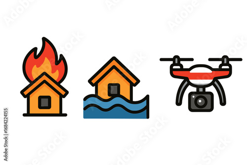Natural disaster icons showing house fire and home flood. Drone for aerial surveillance and inspection. Vector concept for emergency response, disaster management, property insurance.