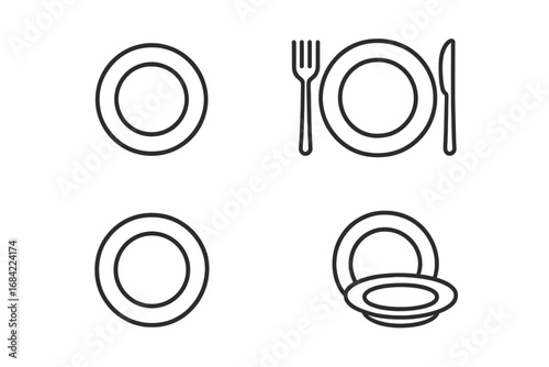 Plate line icons bundle. Vector collection of minimal tableware pictograms. Dish, fork, knife, place setting symbols for restaurant menu, web design, apps, and cooking concepts.