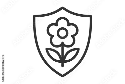 Flower in shield line icon. Natural protection, organic security, and eco-friendly concept. Nature conservation and environmental defense symbol. Vector line art illustration.