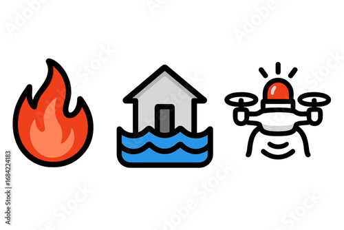 Emergency response icons for disaster management. Set includes fire, flood, and drone surveillance symbols. Vector illustration for natural disaster, safety, and rescue concepts.