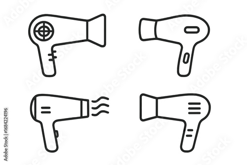 Hair dryer line icon set. Blow dryer outline pictogram collection. Vector symbols for hairdresser, beauty salon, web, and app. Hair care, grooming, and styling appliance.