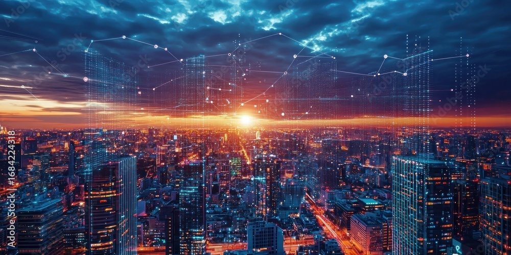 Fototapeta premium A high-tech city at sunset, featuring self-sustaining skyscrapers and clean air