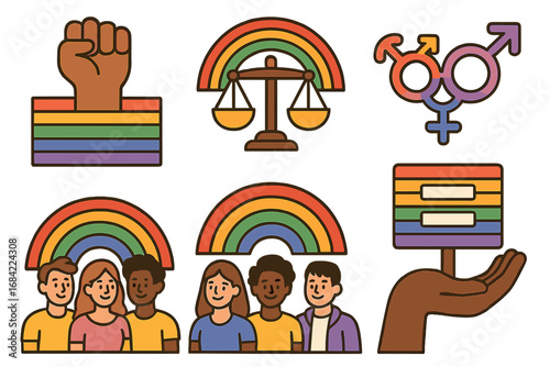 A collection of diverse community symbols promoting pride and gender rights. Vector icons for social events, equality, and inclusion. Rainbow, justice scales, and protest signs.