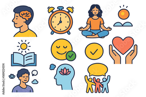 Mental health and wellbeing icon set. Self-care routine, mindfulness meditation, community support, positive psychology, brain health, and emotional balance concept icons.