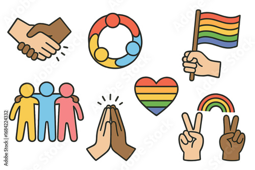 LGBTQ pride icon set with rainbow flag, heart, and peace signs. Vector symbols of diversity, community, cooperation, and support. Handshake, friendship, and unity concepts.