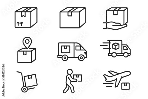 Logistics and delivery icon bundle. Shipping and freight line icons. Vector symbols for parcel tracking, courier service, cargo transport by truck, van, plane. E-commerce.