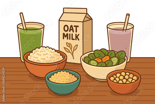 Plant-based food display with oat milk, fresh smoothies, salad, and grains. Vegan lifestyle concept for healthy eating and nutrition. Vegetarian diet vector cartoon.