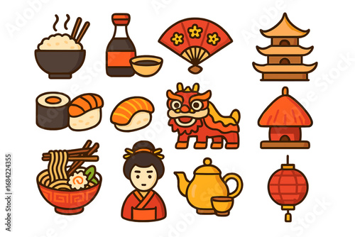 Asian food and culture icon set. Vector cartoon collection of Chinese and Japanese symbols like ramen, sushi, rice, pagoda, lantern, tea, and geisha. Flat design elements.