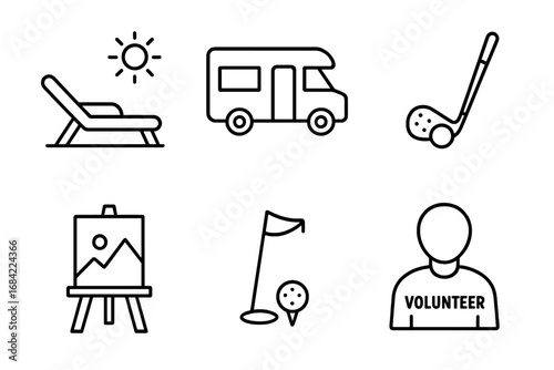 Retirement lifestyle icons set with beach lounger, RV camper, golf club, art easel, volunteer activities, and leisure hobbies, outline vector illustration on transparent background