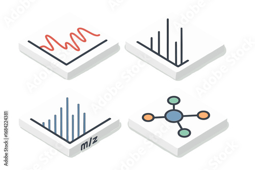 Isometric Molecular Analysis Icon Set with Infrared Spectrum, NMR Spectrum, Mass Spectrometry and Molecular Structure Vector Illustrations