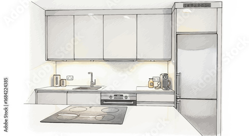 Stylish Minimalist Kitchen Illustration with Modern Appliances and Clean Lines