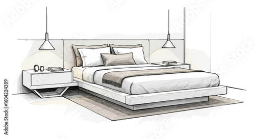 Stylized bedroom interior rendering offering a modern aesthetic allure