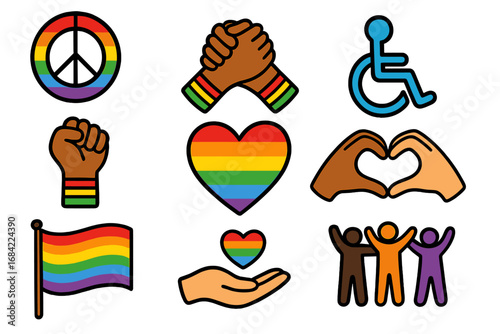 Vector icon set of diversity and inclusion symbols. LGBTQ pride rainbow, BLM fist, interracial handshake, disability sign. Concept of equality, unity, love and human rights.