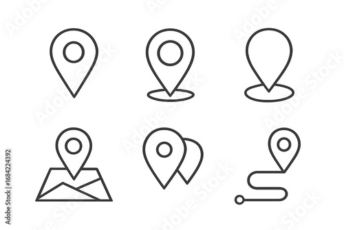 Map pin line icon set. Location marker, GPS navigation pointer. Vector destination, place symbol collection. Editable stroke for app, web design. Route, travel, guide signs.