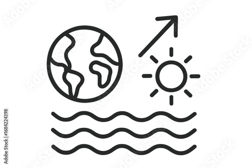 Global warming icon. Climate change concept. Planet Earth with sun heat and rising sea water level. Ecology and environment disaster symbol. Outline vector illustration for web design.