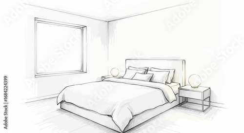 Stylized bedroom interior sketch featuring a bed and nightstands