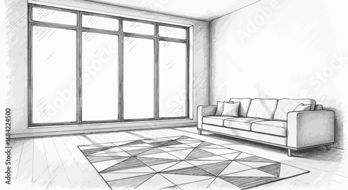Stylized monochrome living room sketch with abundant natural light and geometric rug