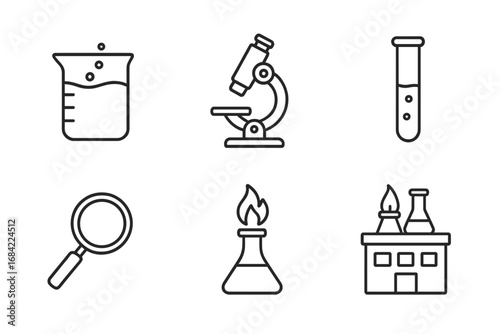 Science Icon Grid Outline Set of Laboratory Equipment Vector Illustration with Beaker, Microscope, Test Tube, Bunsen Burner, Magnifying Glass, and Lab Building