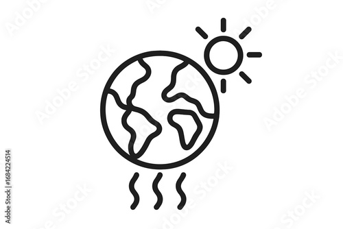 Global warming icon. Climate change concept. Planet Earth with sun and heat waves. Ecology and environment symbol. Greenhouse effect, temperature rise. Vector line illustration.