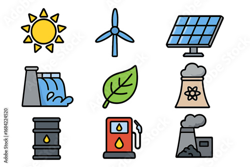 Energy icon set with renewable and non-renewable sources. Solar power, wind turbine, hydroelectric dam, nuclear, fossil fuel, and bio energy. Vector cartoon illustration.