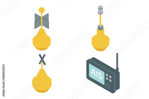 Marine signal icons. Isometric vector illustration of nautical navigation aids. Sea buoy with radar reflector, light beacon, special mark, and AIS transponder unit illustration.