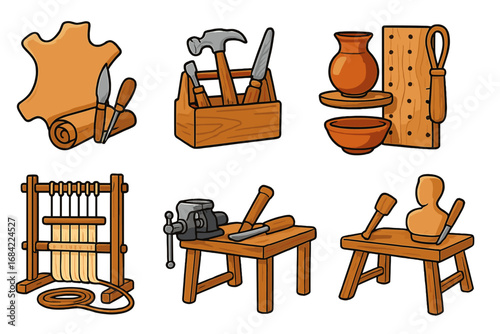 Traditional artisan workshop tools and crafts vector illustration, showcasing leatherworking, carpentry, pottery, weaving, and wood carving craftsmanship in detailed cartoon style