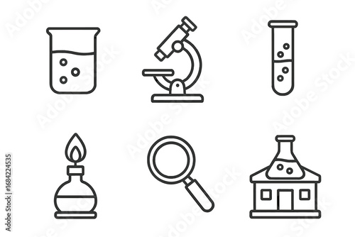 Science icon grid set. Outline vector icons of science experiments including beaker, microscope, test tube, Bunsen burner, magnifying glass, and laboratory lab equipment on transparent background