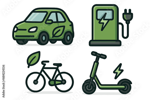 Eco friendly transportation icon set. Green energy vehicle symbols. Electric car, EV charging station, bicycle, e-scooter. Sustainable mobility concept. Clean power vector.