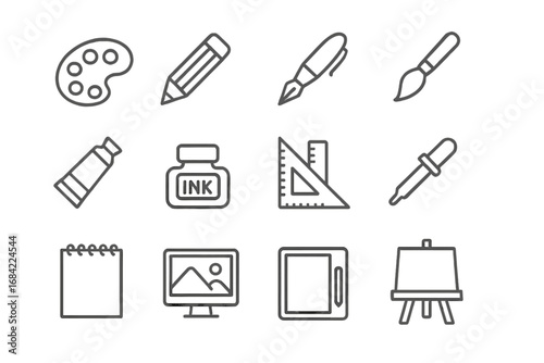 Art and creativity line icon set. Vector graphic design symbols. Artist tools for drawing and painting. Pencil, brush, palette, digital art, graphic tablet, and easel icons.