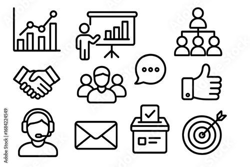 Business and communication line icon set. Essential concepts for corporate presentations like growth chart, team hierarchy, partnership handshake, customer support, and feedback.
